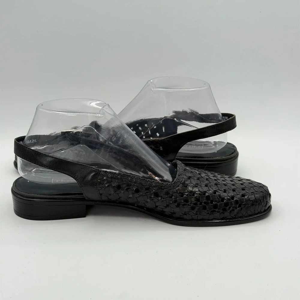 Trotters Lea Woven Leather Slingback Flats Women 10M Black Brazil Classic Office